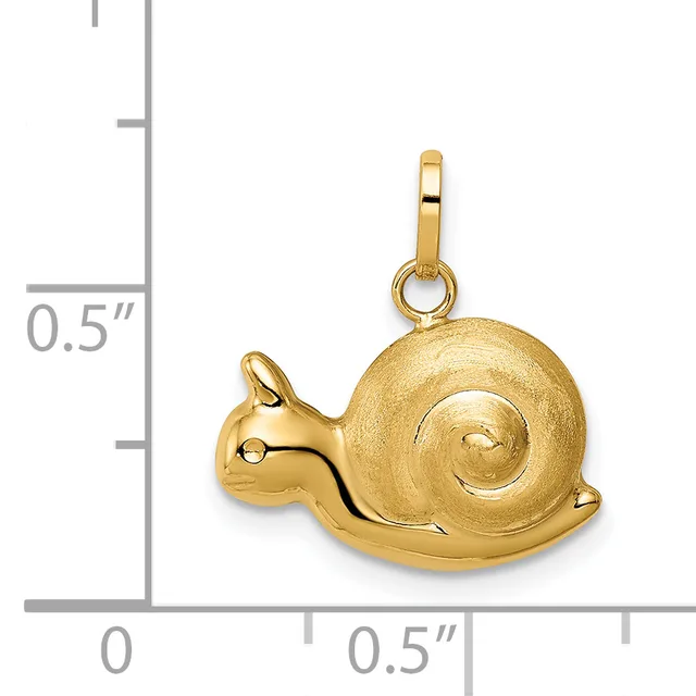 Gold-colored snail charm pendant with a polished spiral shell and textured body, shown next to a measurement scale indicating approximately half an inch in height.