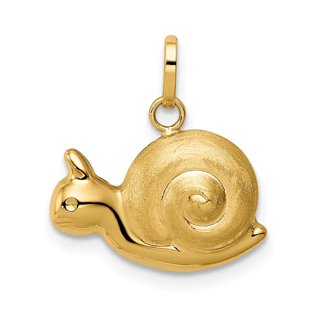 A gold snail-shaped pendant with a polished head and textured spiral shell, suspended from a gold bail loop.