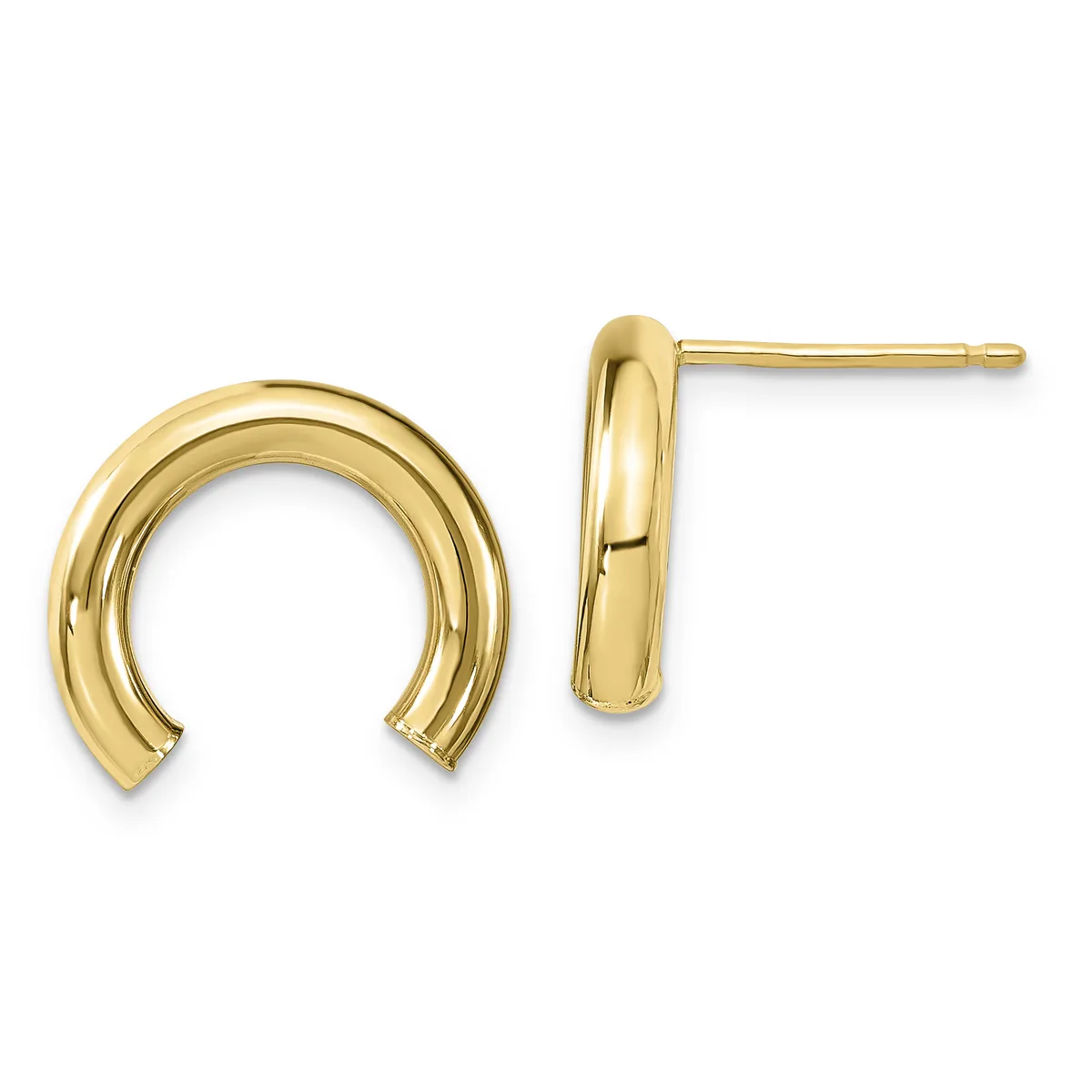 A pair of polished gold curved tube earrings displayed against a white background, shown with matching posts and backs.