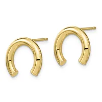 A pair of gold horseshoe-shaped stud earrings with posts and backs, displayed against a white background.