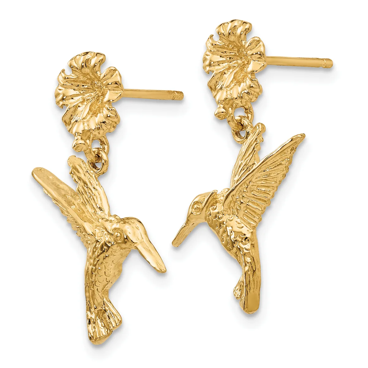 Pair of gold hummingbird dangle earrings with textured wings and flower-shaped studs, shown from the front against a white background.
