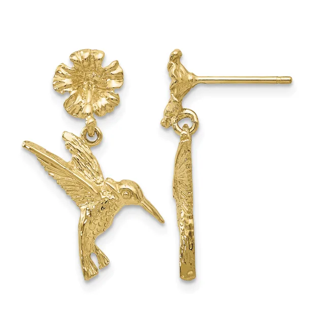 Pair of gold hummingbird dangle earrings with textured flower tops, shown from front and side views.