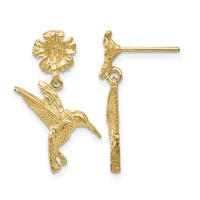 Pair of gold hummingbird dangle earrings with textured flower tops, shown from front and side views.