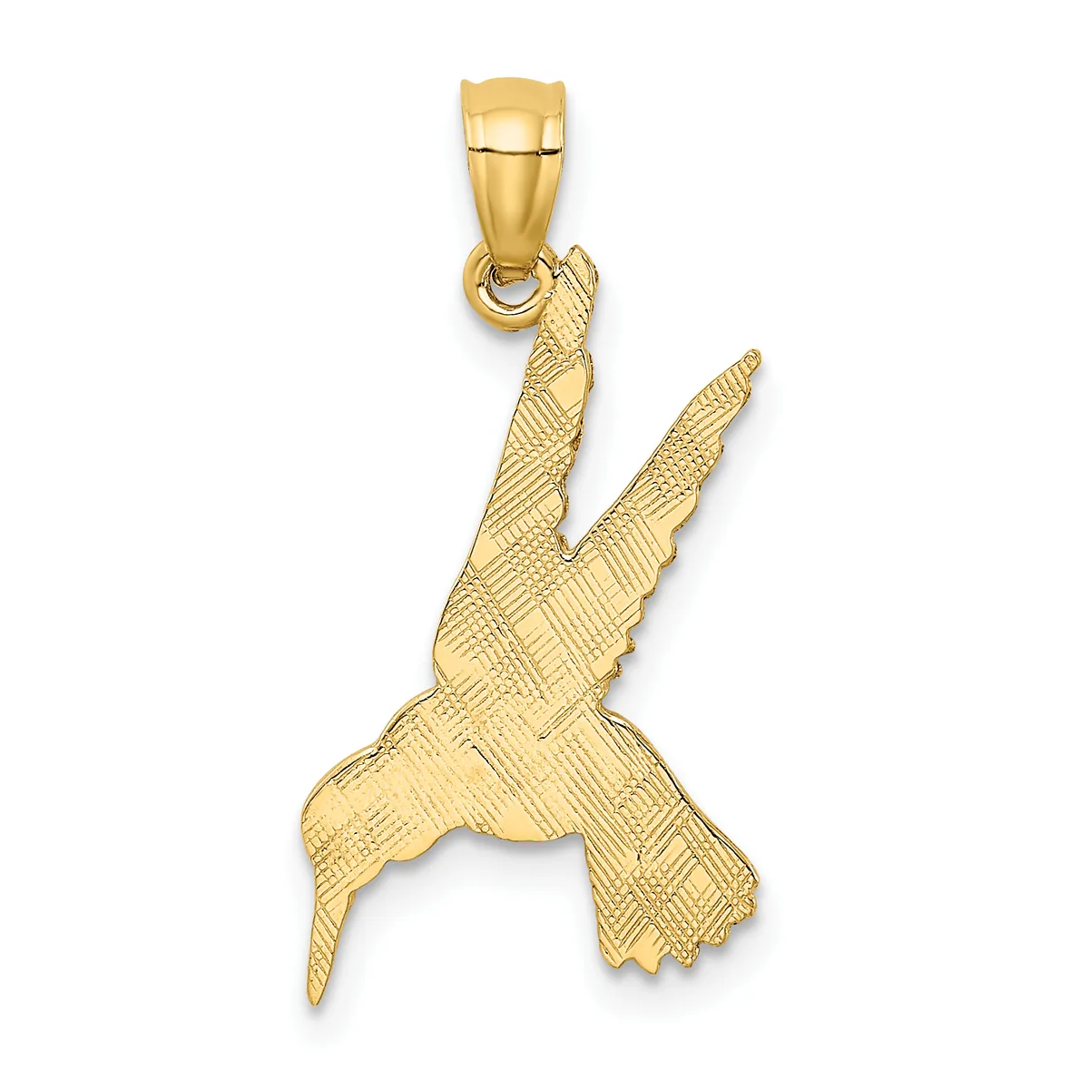 Gold pendant shaped like a flying eagle with textured feather details and a bail loop at the top for hanging.