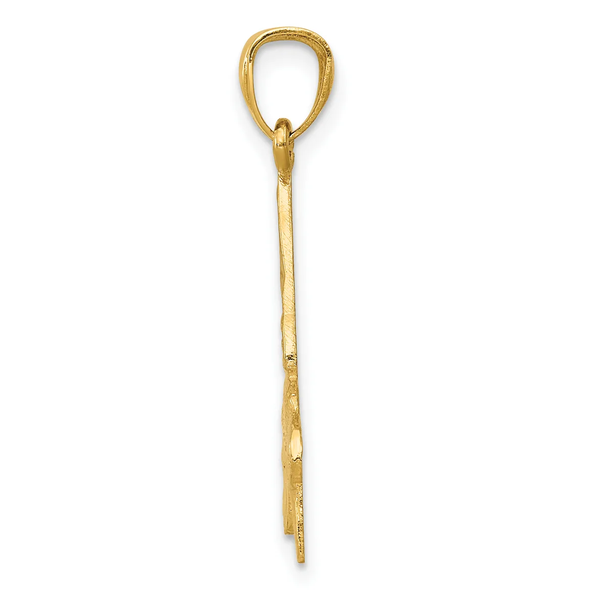 A gold-colored threader earring with a loop at the top and a long, tapered stem that passes through the ear.