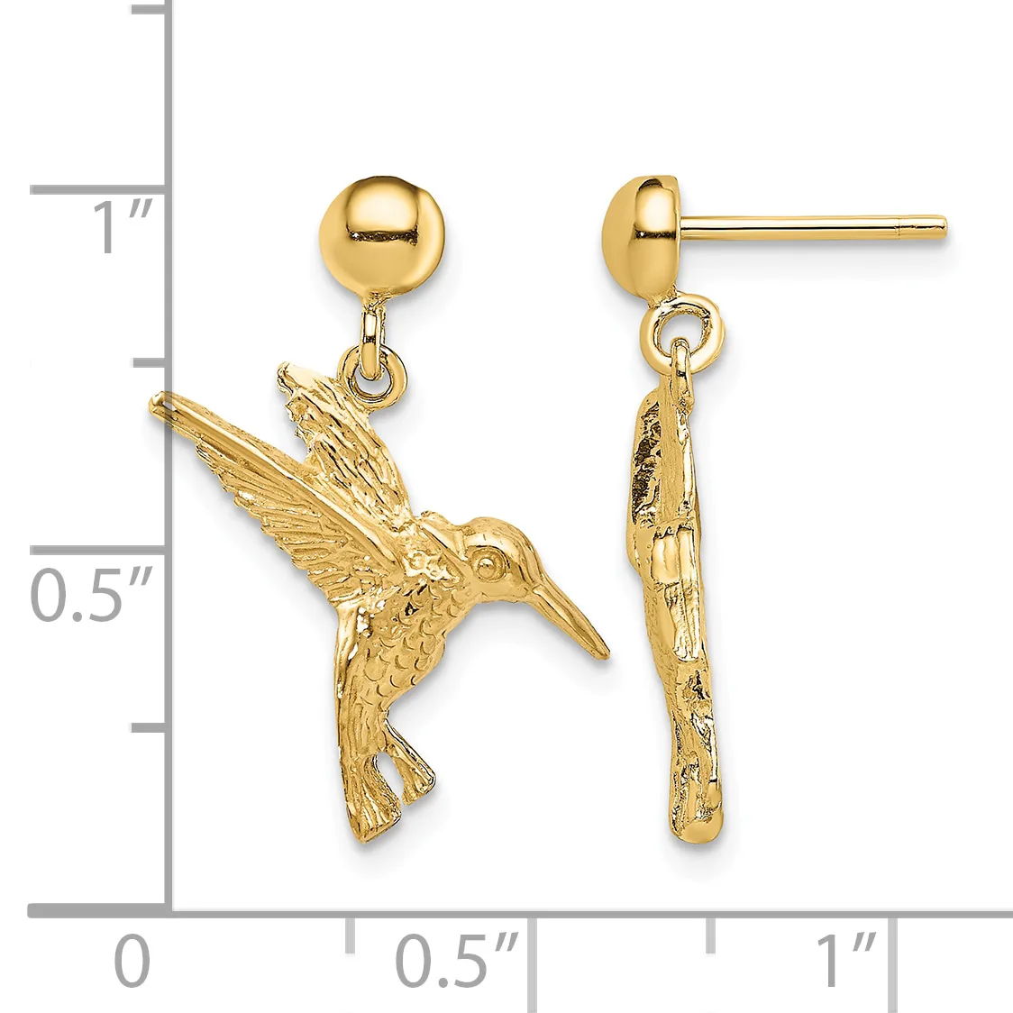 Pair of gold hummingbird dangle earrings with ball posts, shown front and side view against a measurement scale.