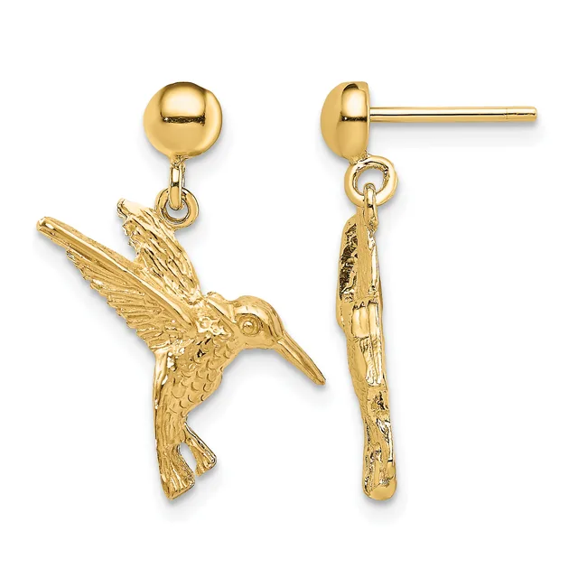 Pair of gold hummingbird dangle earrings shown from front and back views, featuring detailed bird charms suspended from polished ball studs.