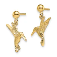 Pair of gold hummingbird dangle earrings with ball studs, shown from the front against a white background.