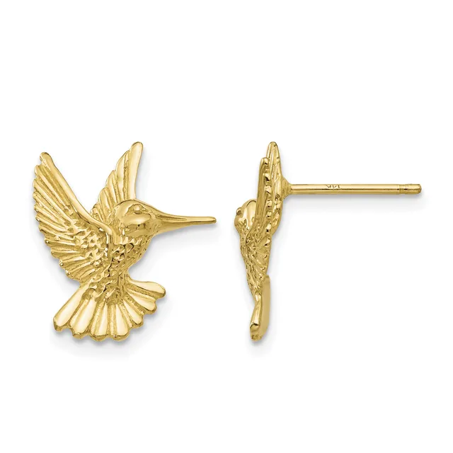 A pair of gold hummingbird stud earrings shown from front and back views, featuring detailed wing and feather texturing.