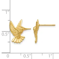 Gold hummingbird stud earrings shown from front and side views with a measurement scale indicating approximately 0.5 inches in height.