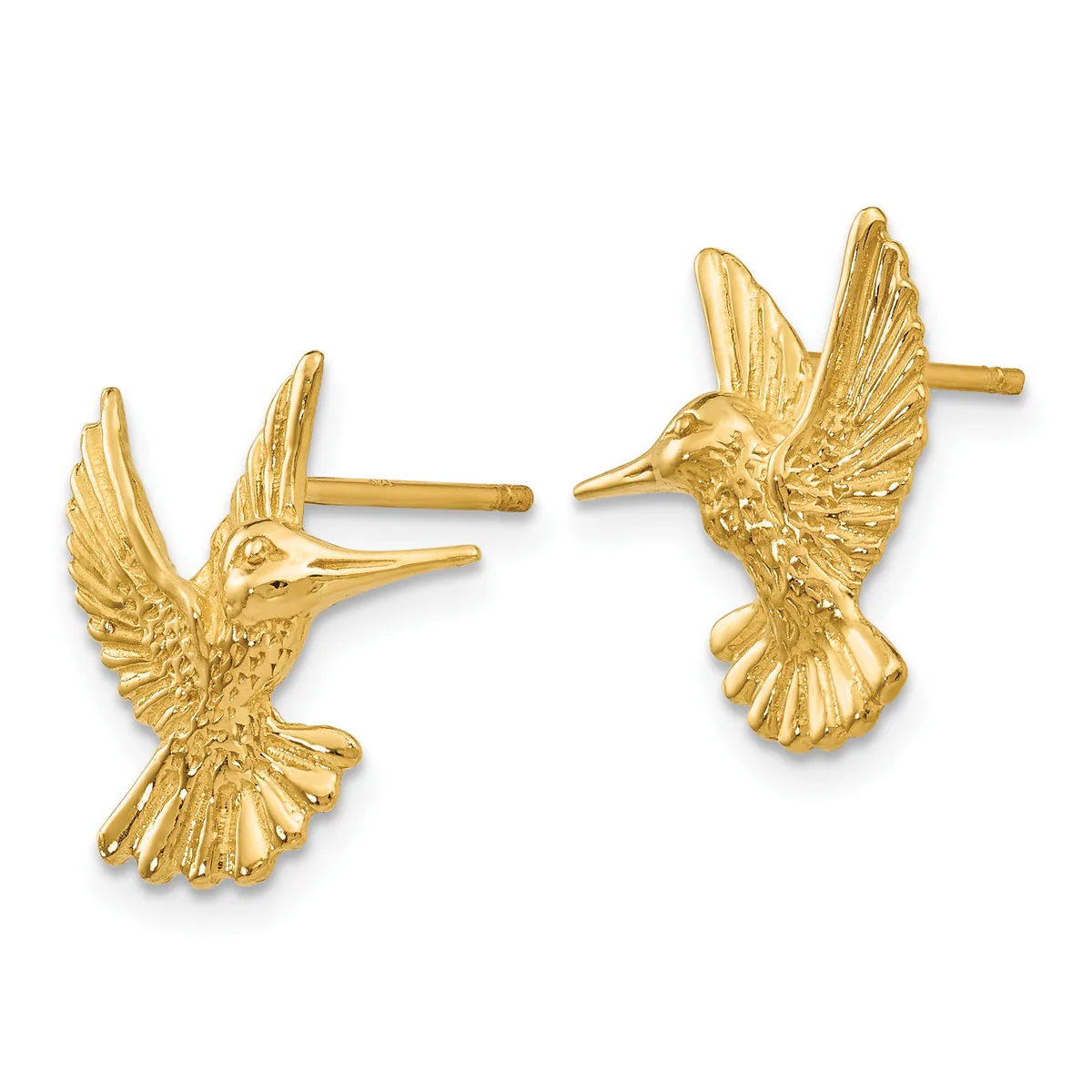 Pair of gold hummingbird stud earrings with detailed wing and body texturing, shown from front and side angles.