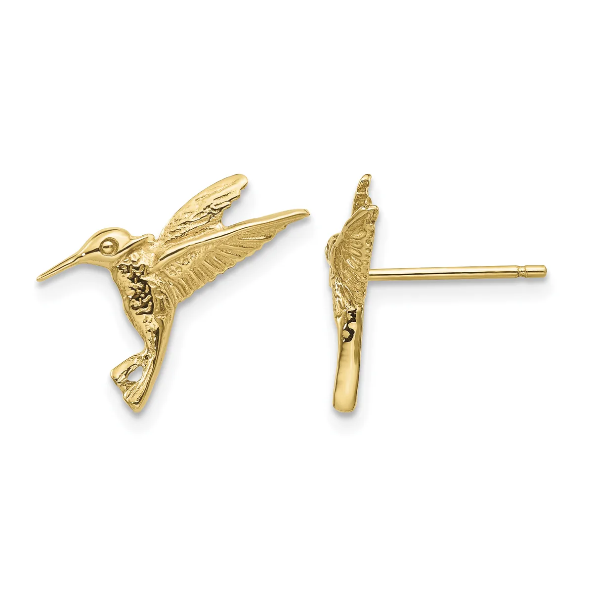 Pair of gold hummingbird stud earrings shown from front and side views, featuring detailed wing and body engravings with post and clutch backs.
