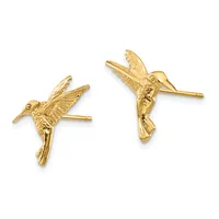 A pair of gold hummingbird stud earrings shown from the front, featuring detailed wings and long beaks, displayed against a white background.