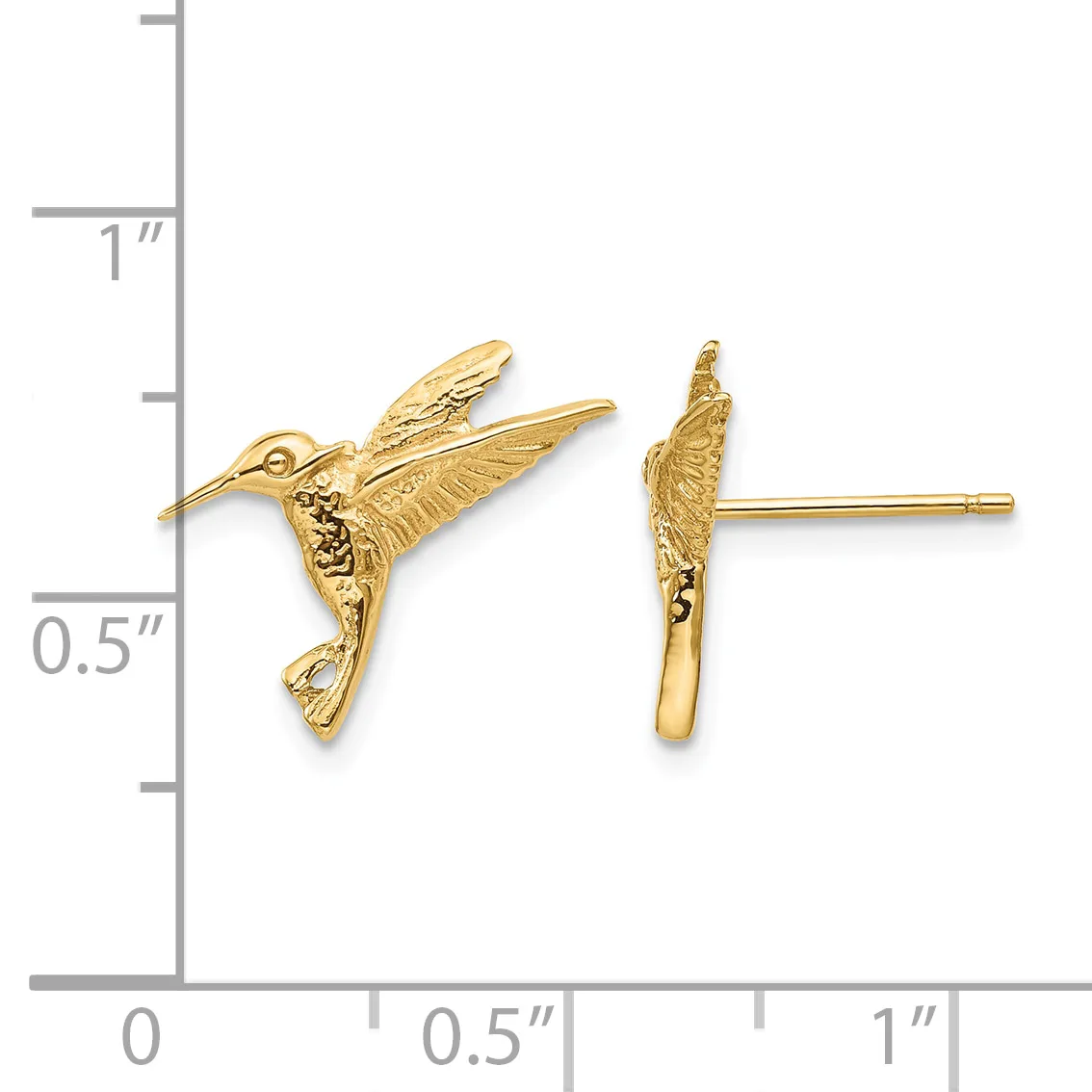 Gold hummingbird stud earrings shown from front and back views next to a measurement scale indicating approximately 0.75 inches in height.