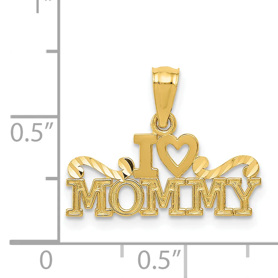 Gold pendant charm with "I LOVE MOMMY" text and a heart symbol, shown against a measurement scale indicating approximately 0.5 inches in height.