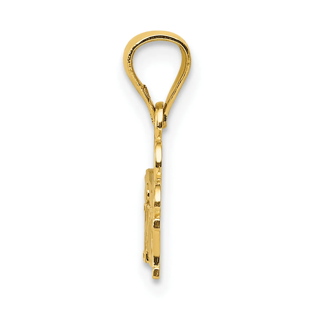 A gold teardrop-shaped pendant with a small stamped hallmark, suspended from a matching gold chain and loop, displayed against a white background.