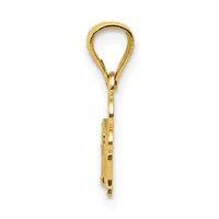 A gold teardrop-shaped pendant with a small stamped hallmark, suspended from a matching gold chain and loop, displayed against a white background.