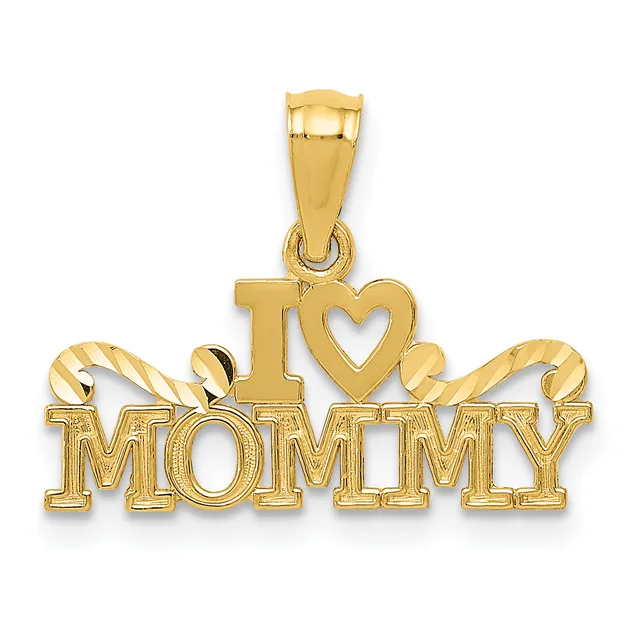 Gold pendant featuring the text "I love Mommy" with decorative rope-style borders on the sides and a heart symbol integrated into the design, suspended from a bail loop.