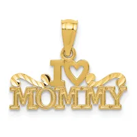 Gold pendant featuring the text "I love Mommy" with decorative rope-style borders on the sides and a heart symbol integrated into the design, suspended from a bail loop.