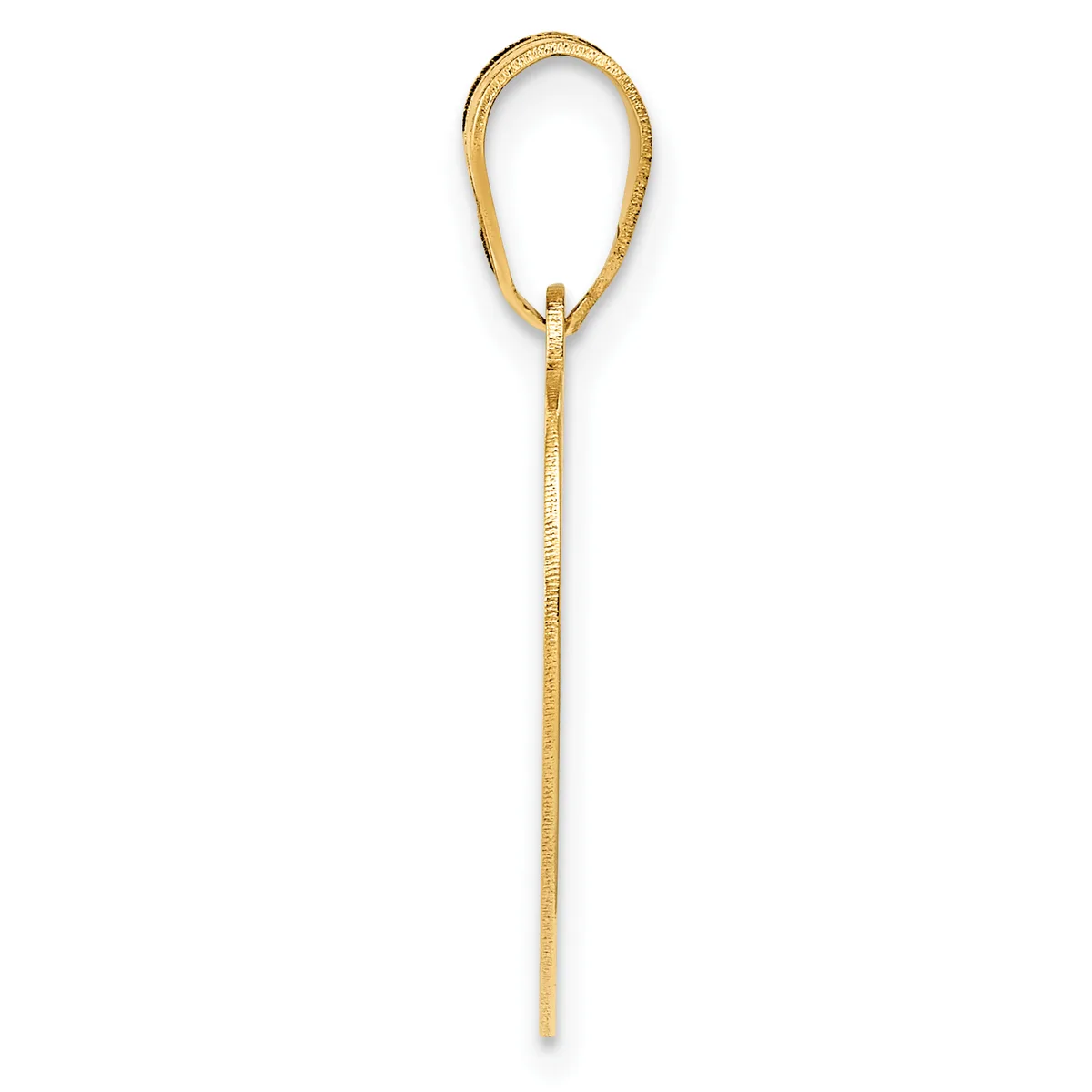 A gold-colored metal lariat necklace with a looped top and long tapered tail ending in a point, displayed against a white background.