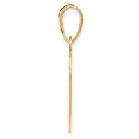 A gold-colored metal lariat necklace with a looped top and long tapered tail ending in a point, displayed against a white background.