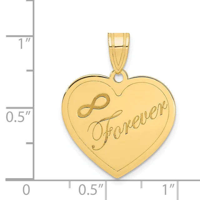 Gold heart-shaped pendant with "Forever" and an infinity symbol engraved on the front, shown next to a ruler indicating approximately one inch in height.