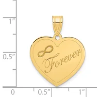 Gold heart-shaped pendant with "Forever" and an infinity symbol engraved on the front, shown next to a ruler indicating approximately one inch in height.