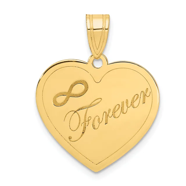 Gold heart-shaped pendant with "∞ Forever" engraved on the front and a rectangular bail at the top.
