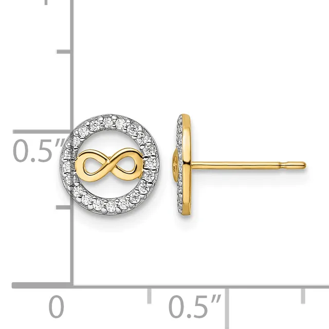 Gold stud earrings featuring a circular diamond halo surrounding a gold infinity symbol, shown from front and side views with a measurement scale.