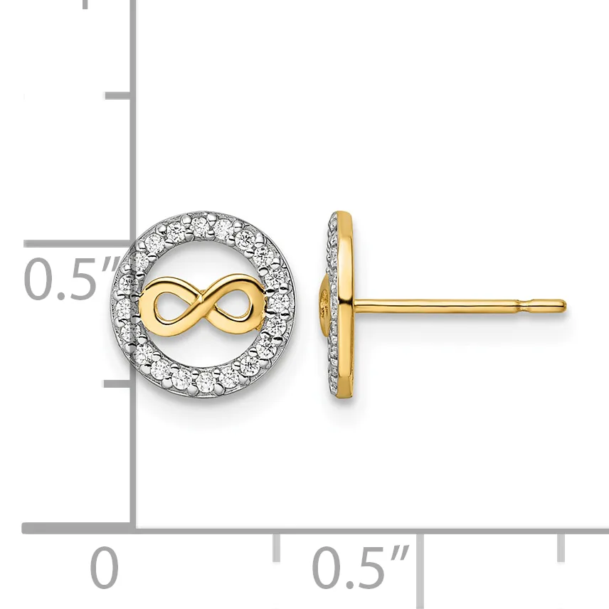 Gold stud earrings featuring a circular diamond halo surrounding a gold infinity symbol, shown from front and side views with a measurement scale.