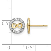 Gold stud earrings featuring a circular diamond halo surrounding a gold infinity symbol, shown from front and side views with a measurement scale.