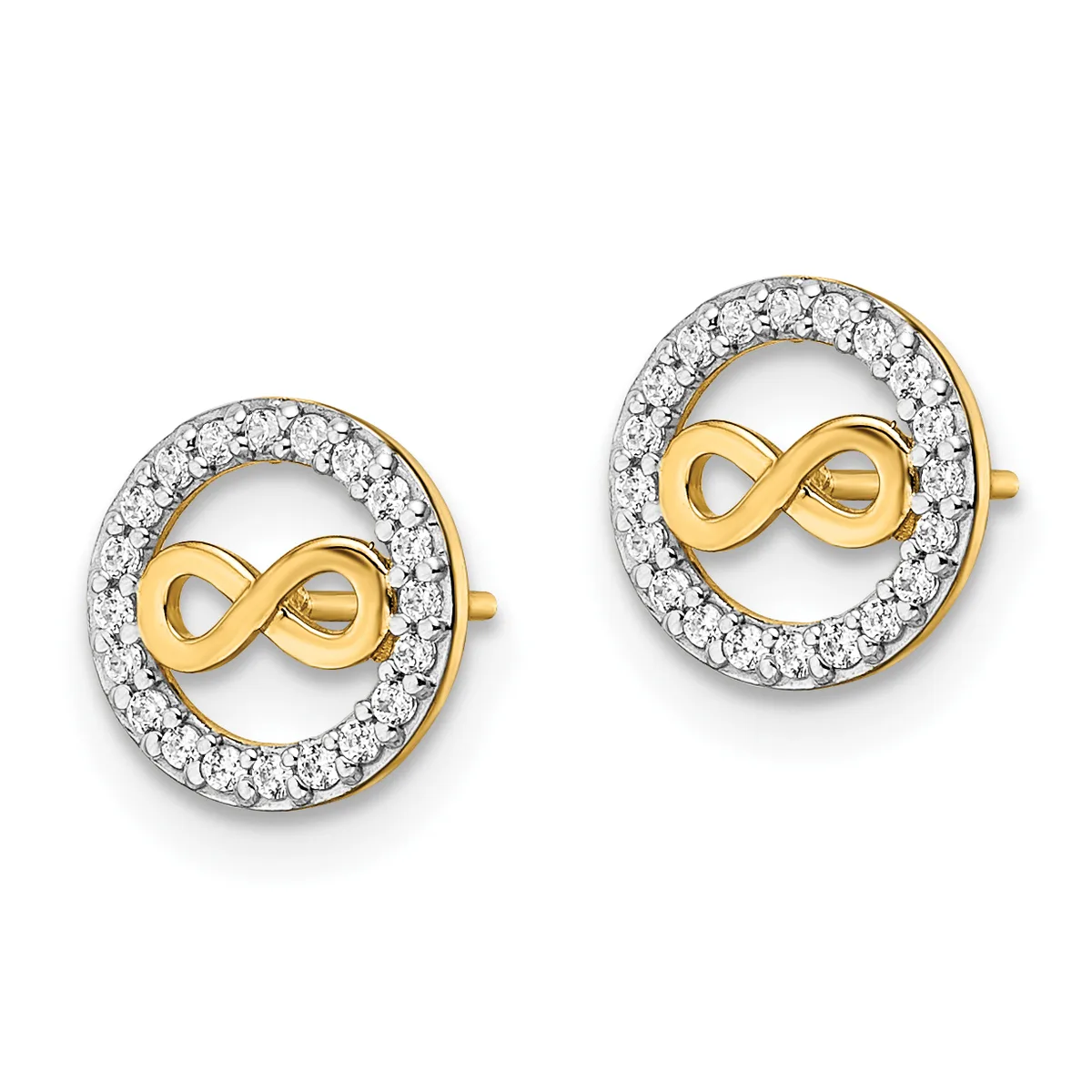 A pair of gold and silver two-tone stud earrings, each featuring a circular diamond halo surrounding a gold infinity symbol in the center.