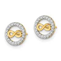 A pair of gold and silver two-tone stud earrings, each featuring a circular diamond halo surrounding a gold infinity symbol in the center.
