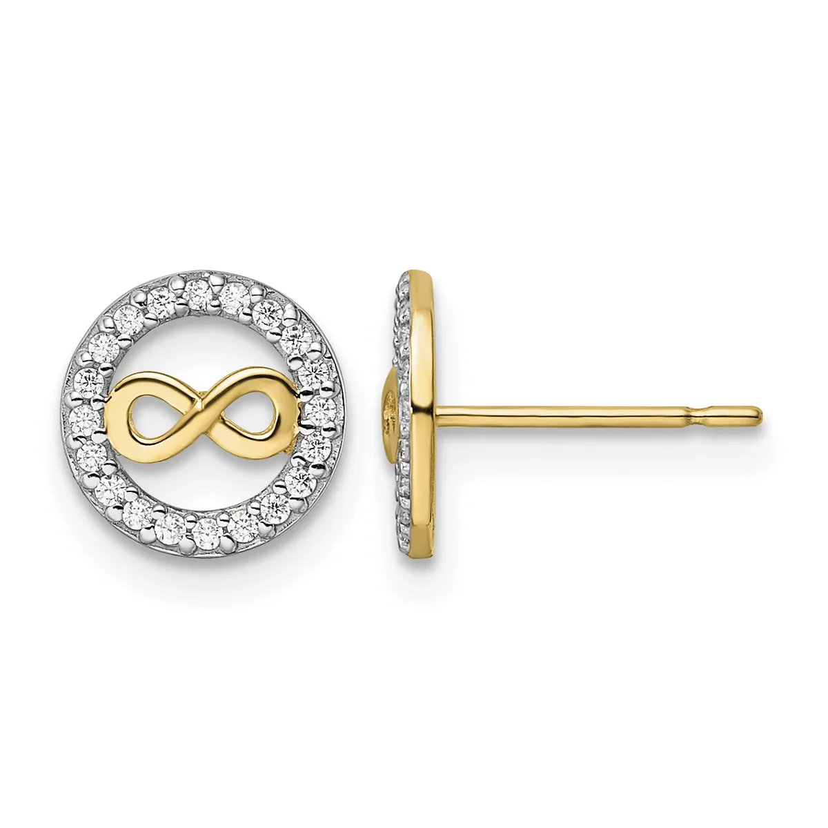 Pair of two-tone gold stud earrings featuring an infinity symbol in yellow gold surrounded by a circular halo of round diamonds, shown from front and side views.