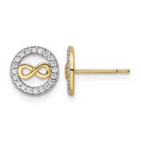 Pair of two-tone gold stud earrings featuring an infinity symbol in yellow gold surrounded by a circular halo of round diamonds, shown from front and side views.
