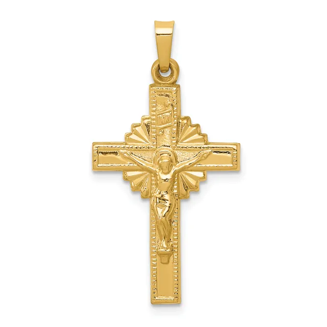 Gold crucifix pendant with a polished rectangular cross, textured edges, and a corpus figure in the center, shown against a white background with a bail loop at the top.