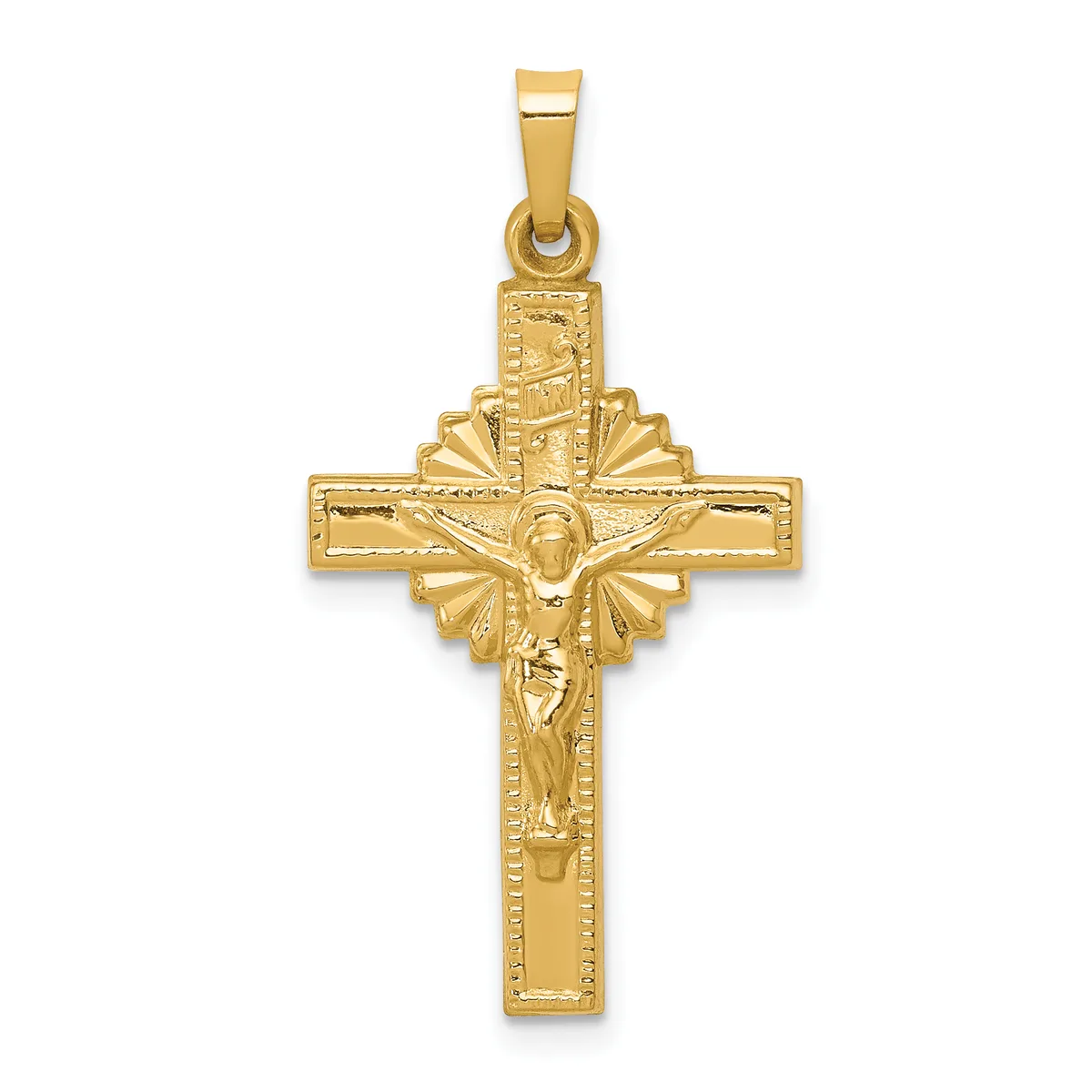 Gold crucifix pendant with a polished rectangular cross, textured edges, and a corpus figure in the center, shown against a white background with a bail loop at the top.