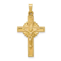 Gold crucifix pendant with a polished rectangular cross, textured edges, and a corpus figure in the center, shown against a white background with a bail loop at the top.