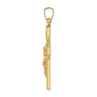A gold-colored pendant charm depicting a saxophone in profile, suspended from a teardrop-shaped bail.