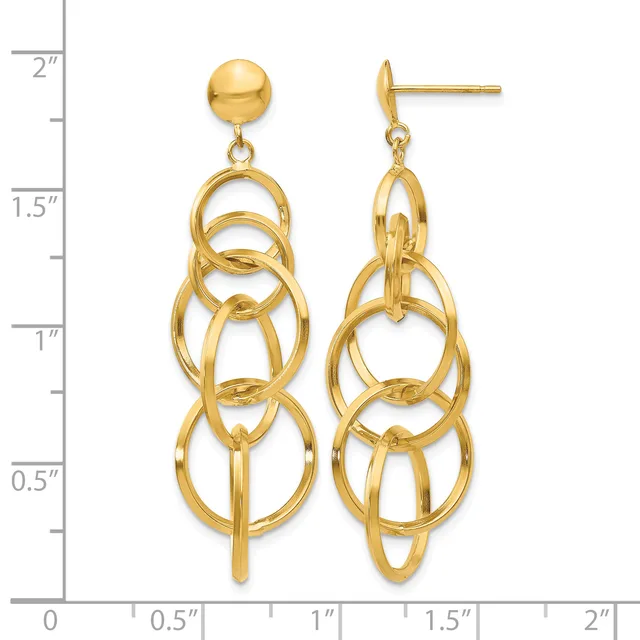 Gold-tone stud earrings with interlocking circular loops in graduated sizes, hanging approximately two inches long, shown against a measurement scale.