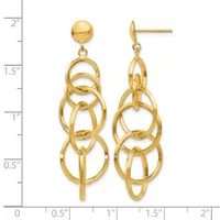 Gold-tone stud earrings with interlocking circular loops in graduated sizes, hanging approximately two inches long, shown against a measurement scale.