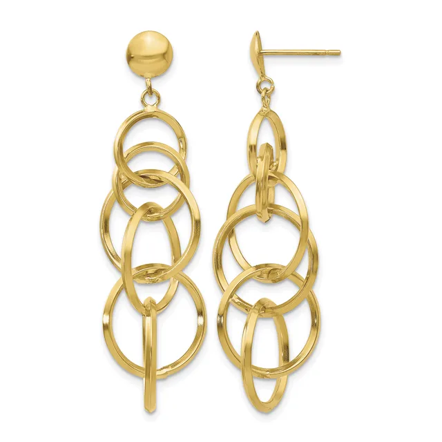 Pair of gold-toned dangling earrings with stud posts, each featuring multiple interlocking oval rings in a cascading pattern.