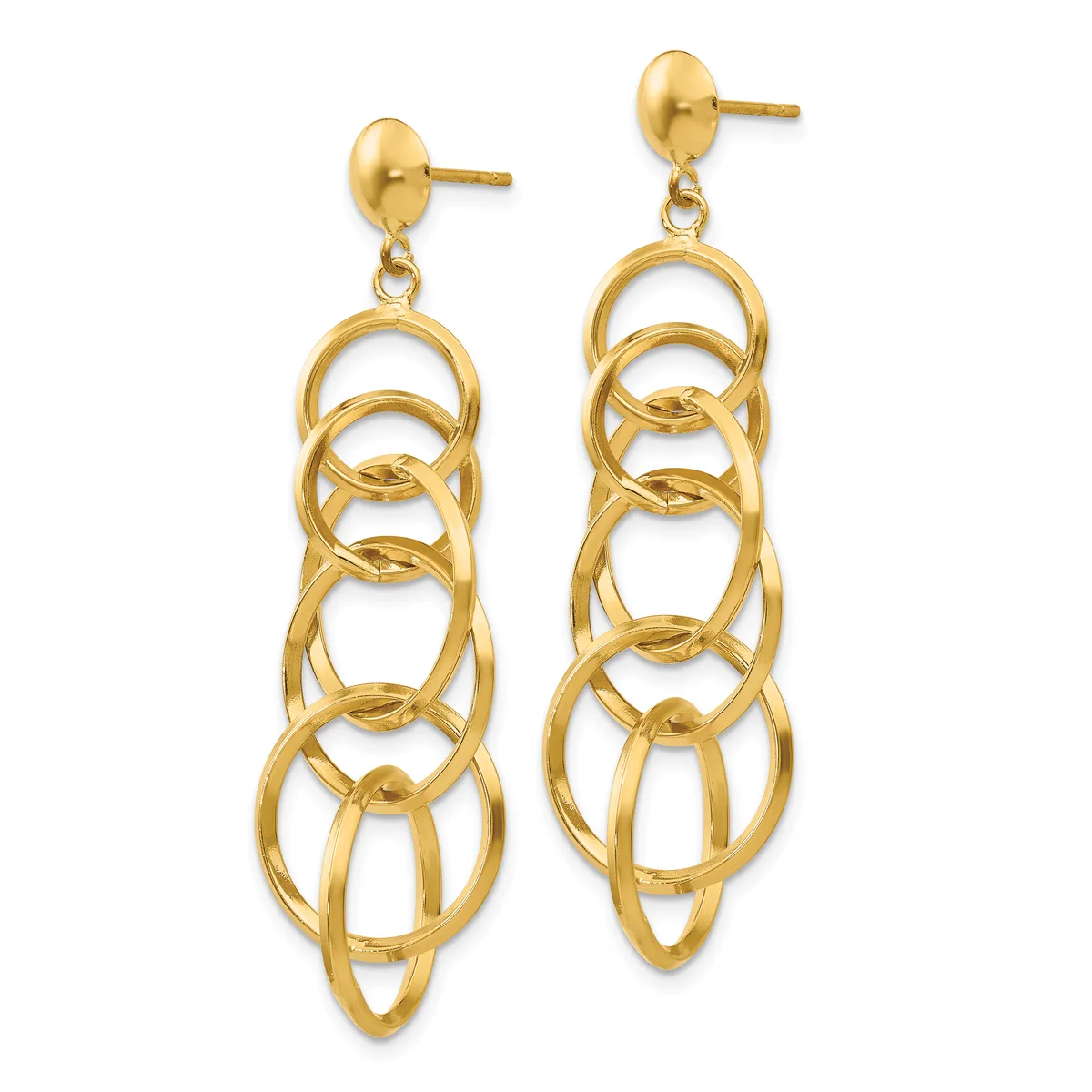 Pair of gold-tone dangle earrings with stud posts, each featuring multiple interlocking oval rings arranged vertically.
