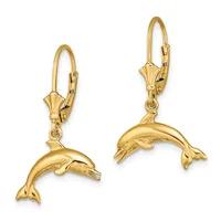A pair of gold dolphin drop earrings with leverback closures, shown from the front against a white background.