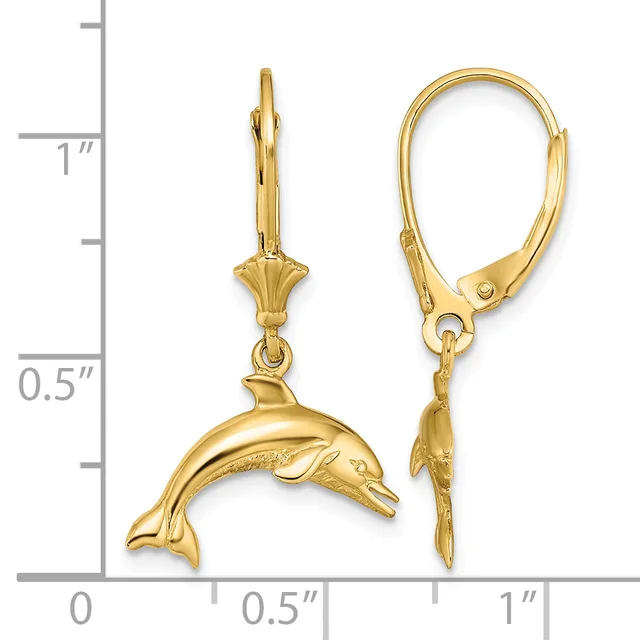 Gold dolphin charm earrings with lever backs displayed next to a ruler showing approximately one inch in length.