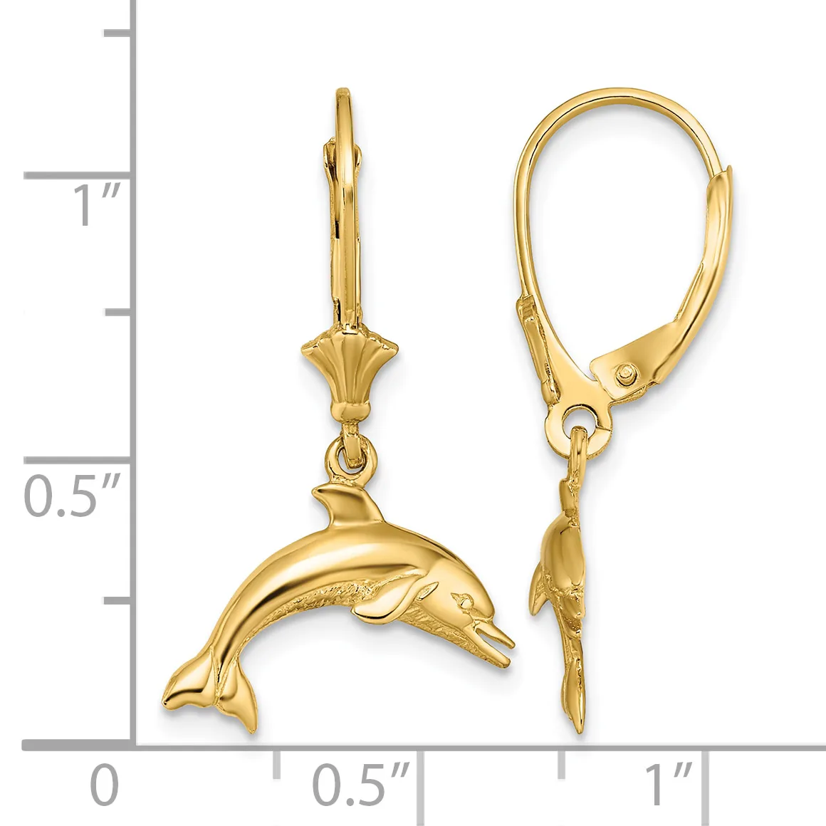 Gold dolphin charm earrings with lever backs displayed next to a ruler showing approximately one inch in length.