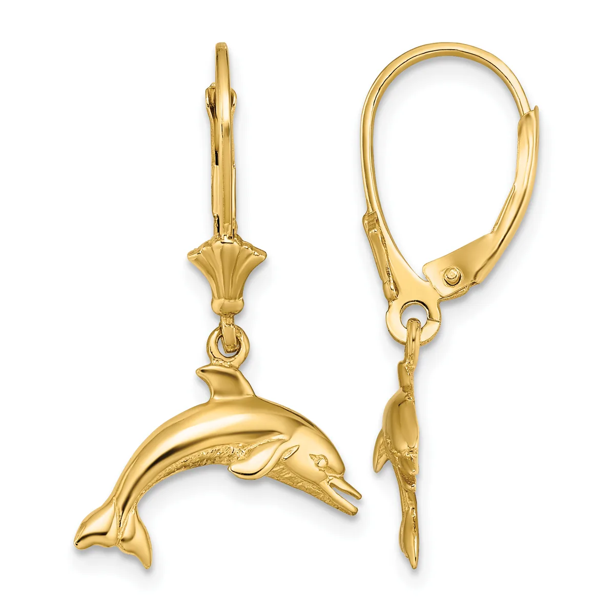 Pair of gold dolphin charm earrings with lever-back closures, shown from front and side views.
