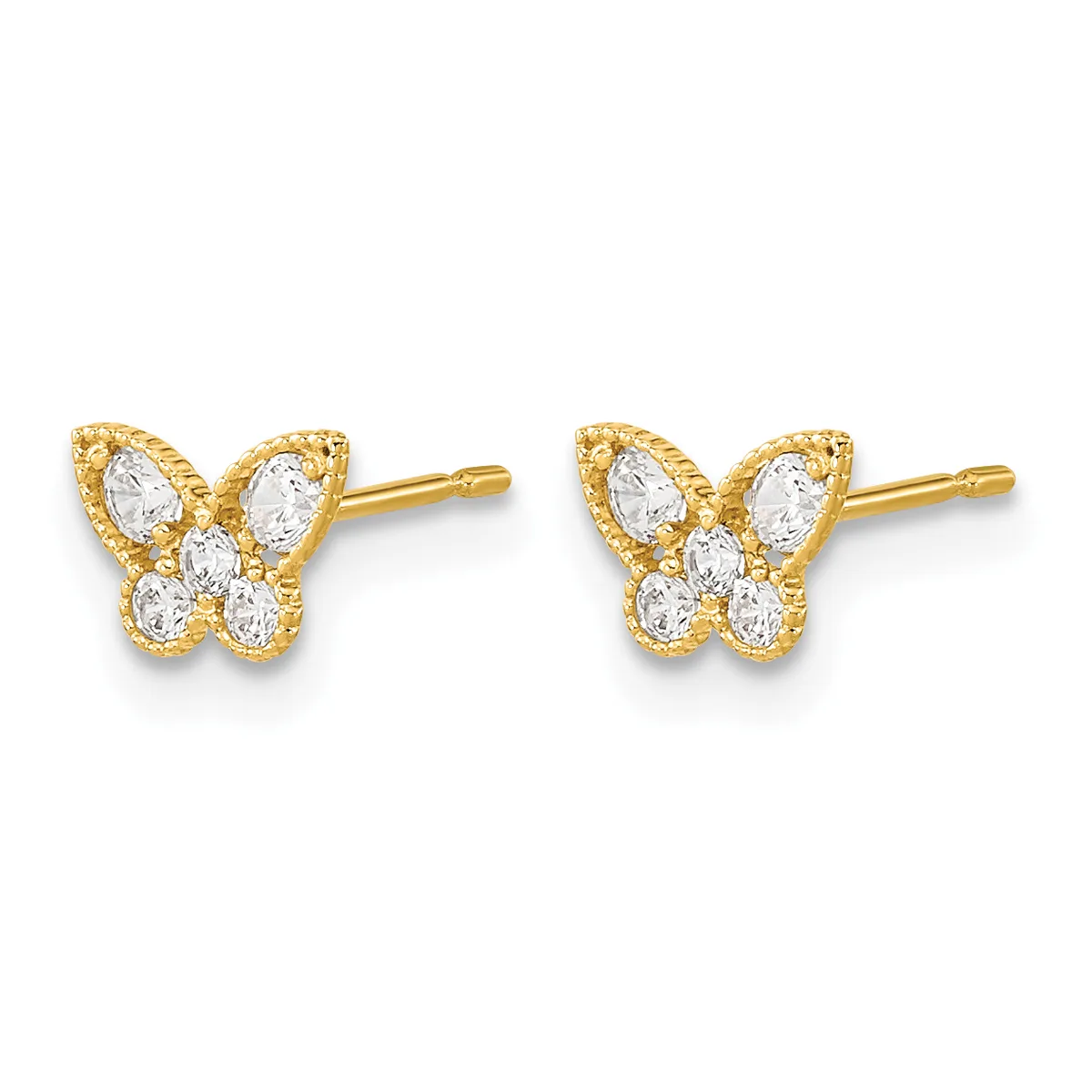 Pair of gold butterfly stud earrings with cubic zirconia stones set in the wings, shown from the front against a white background.