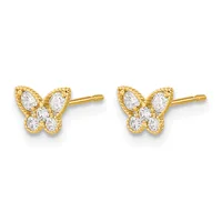 Pair of gold butterfly stud earrings with cubic zirconia stones set in the wings, shown from the front against a white background.