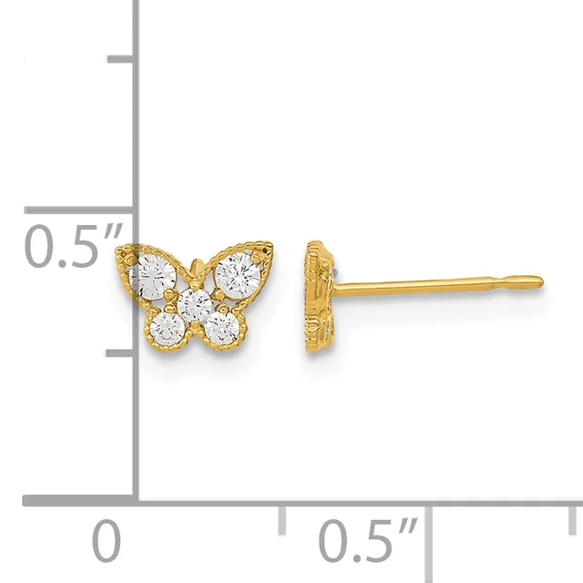 Gold butterfly stud earrings with round cubic zirconia stones set in the wings and center, shown from front and side views next to a measurement scale.